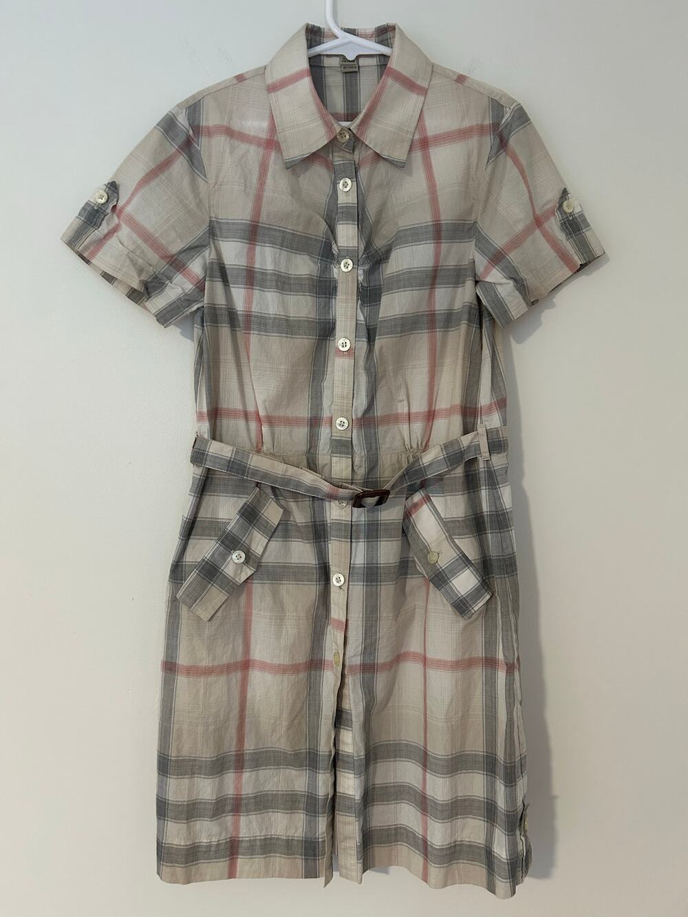Burberry Nova Check Button Down Plaid Brown Tan Belted Collared Dress EUC 10Y